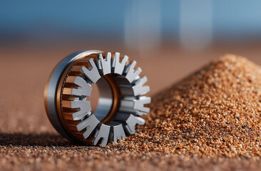 Raw monazite sand beside wind turbine generator magnet core, visualizing rare earth origin and application in clean energy