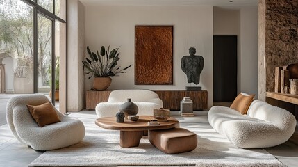 A living room with white sofas, a wooden coffee table, and a large window with natural light
