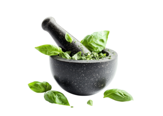 Mortar and pestle grinding fresh basil leaves, isolated on transparent background, herb, cooking, spice.