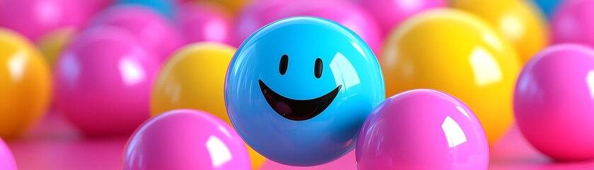 Naklejka premium Many vibrant colorful eggs, a blue one has a big smile, against a pink backdrop