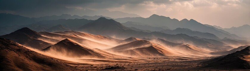 Panorama sand storm with majestic wave of dust and wind concept. Stunning desert landscape with dramatic mountains and soft light.