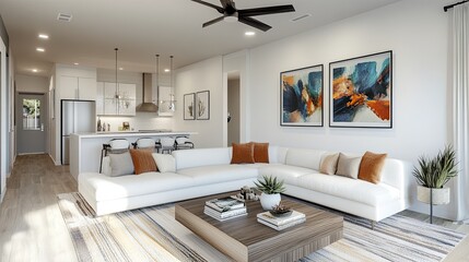 A bright open concept living space with modern decor and a white sectional sofa and kitchen view