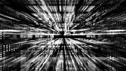 White and Black floating particles in digital technologic 3dcyberspace blurry background