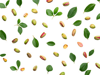 Floating Pistachios and Green Leaves on Transparent Background, PNG