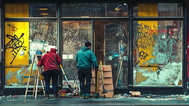 This footage captures the effort of two individuals cleaning a storefront. It showcases urban restoration and community spirit. A visual story of resilience. Generative AI