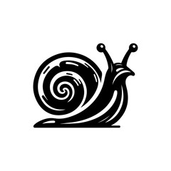 Minimal black and white vector icon of a snail with spiral shell and eye stalks in a modern, stylized form
