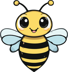 Adorable Smiling Cartoon Bee with Big Eyes and Blue Wings – Cute Kawaii Honey Bee Character Illustration for Kids and Nursery Designs
