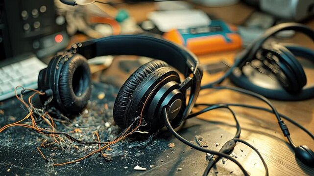 This video footage displays an untidy workspace filled with damaged headphones and clutter. It exemplifies creativity in chaos. Perfect for tech and artistic projects. Generative AI