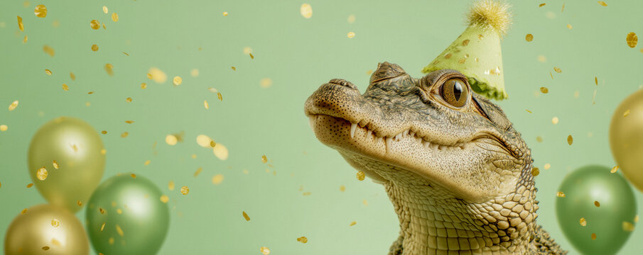 Baby crocodile wearing a party hat with balloons and confetti against pale green background