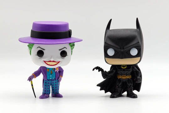 Bologna - Italy - April 29, 2025: Batman and The Joker, from Batman 1989 movie, collectible vinyl figures by Funko Pop.