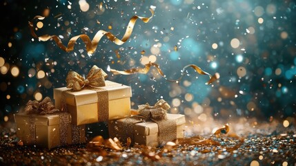 Glamorous celebration with golden gifts and confetti under sparkling lights
