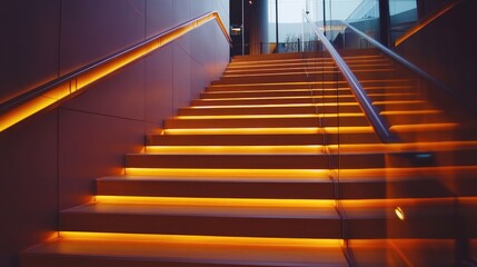 Obraz premium Illuminated stairway in a modern building with glass railing and a warm glow