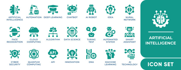 AI icon set featuring automation, robotics, neural networks, machine learning, brain circuits, processors, and tech symbols. Editable vector design.