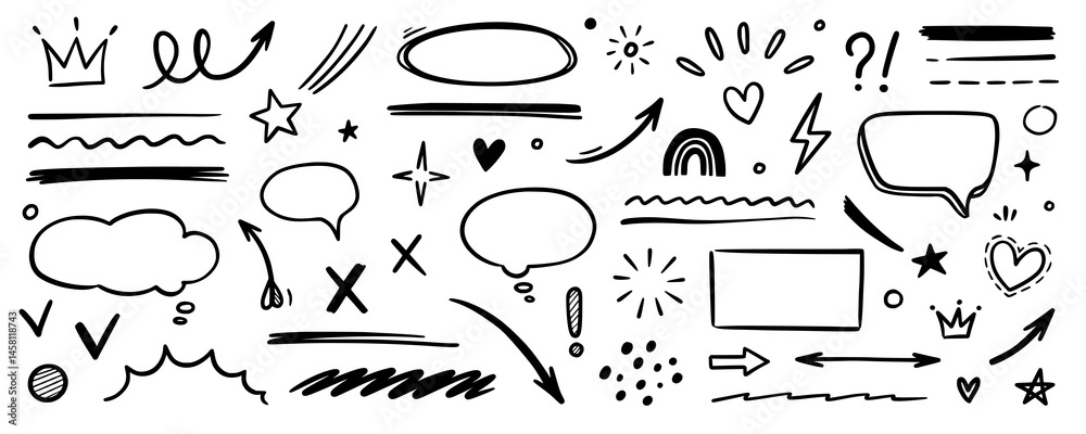 Poster line hand drawn brush marker arrow, heart shape element set. hand drawn sketch marker underline shap