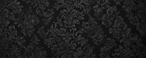 Black damask pattern, swirling flourishes, deep shadows , leaves, decor, illustration