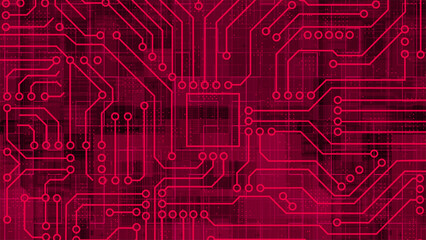 Magenta red Computer chip with connections and signals. Artificial intelligence Computer processor background. Mother board circuit pattern background