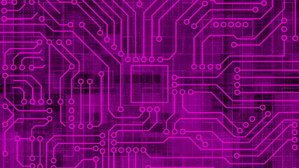 Pink Computer chip with connections and signals. Artificial intelligence Computer processor background. Mother board circuit pattern background