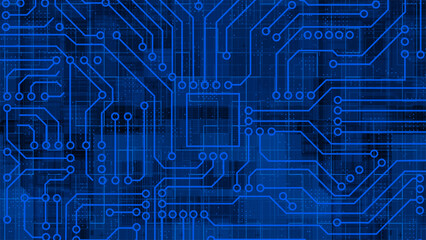Royal blue Computer chip with connections and signals. Artificial intelligence Computer processor background. Mother board circuit pattern background