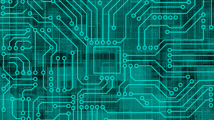 Cyan Computer chip with connections and signals. Artificial intelligence Computer processor background. Mother board circuit pattern background