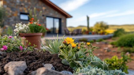 Obraz premium Serene retreat: Blossoming garden in front of a cozy stone dwelling
