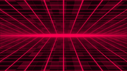 Moving Abstract sci-fi grid with flickering optical flare on the background Bright glowing neon lights, moving in space technology background
