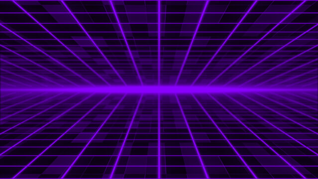 Moving Abstract sci-fi grid with flickering optical flare on the background Bright glowing neon lights, moving in space technology background