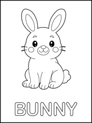 Obraz premium Black and White Bunny Coloring Page for Kids – Fun and Educational Printable Simple Worksheet with animal and Name for Preschool and Kindergarten 