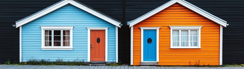 Fototapeta premium Colorful Houses Two quaint houses are set next to each other; one blue, one orange, doors, windows