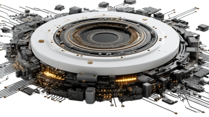 Technological Core: A close-up view showcases a cutting-edge circuit board design, highlighting the intricate details of modern technology and innovation.