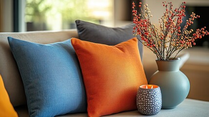 Still life of colorful pillows on a couch with a vase and candle in a bright and cozy living room