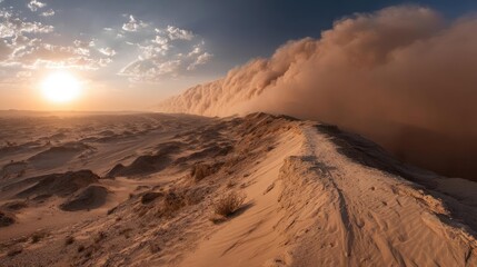 Fototapeta premium Panorama sand storm with majestic wave of dust and wind concept. Stunning desert landscape with dramatic clouds at sunset.