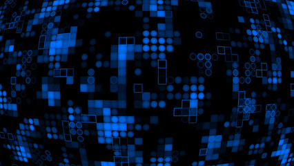 Appearing and disappearing 2d Royal blue circles and squares digital curve background, dark futuristic virtual background
