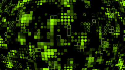 Appearing and disappearing 2d Lime green circles and squares digital curve background, dark futuristic virtual background
