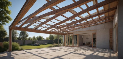 Obraz premium Modern home extension framing, new roof structure, exterior, modern, steel