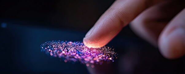 A finger interacts with a colorful digital fingerprint pattern on a dark background.