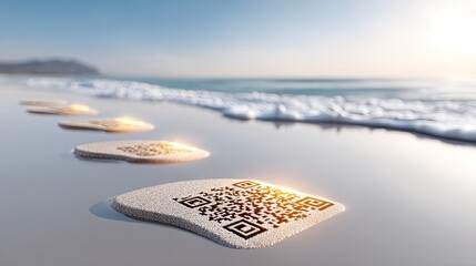Sandy beach with QR codes embedded in stones, waves gently lapping at the shore.