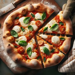 Pizza Margherita, rustic wood-fired crust, vibrant cherry tomatoes, fresh mozzarella, basil leaves, golden brown edges, artisanal, authentic Italian, overhead view