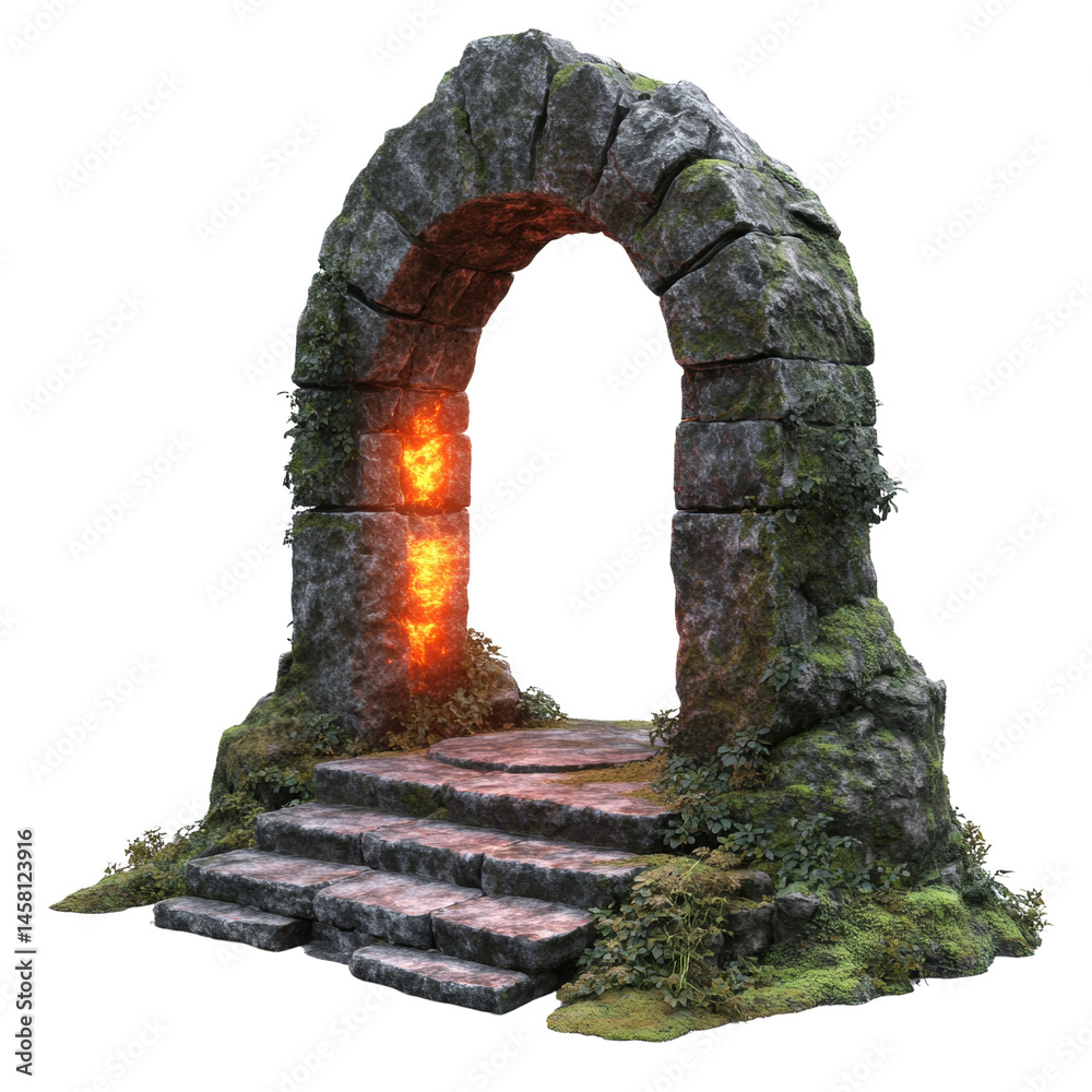 Poster mysterious ancient stone archway with illuminated entrance, fantasy portal