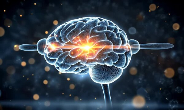 A glowing, digital representation of a human brain with neural connections, showcasing cognitive activity amidst a blurred background of light particles