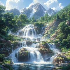 Fototapeta premium Majestic mountain waterfall, lush greenery, sunny day, ideal for travel brochures