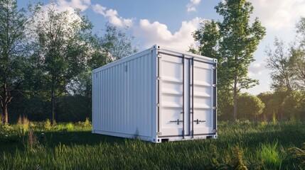 White shipping container in grassy field nature setting