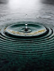 Close-Up of Raindrops Hitting a Puddle Creating Circular Ripples