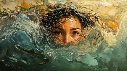Submerged woman teal and gold abstract water portrait painting