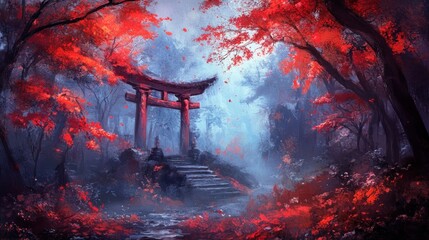Mystical forest torii gate digital painting red autumn leaves