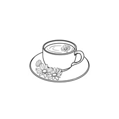 Black and white sketch drawing of a cup of chamomile tea with chamomile flowers standing on a saucer with three flowers.