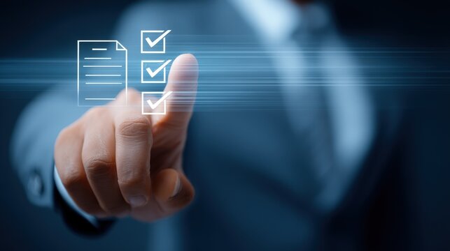 Businessperson digitally checks a checklist on a screen completing tasks efficiently and effectively showing progress