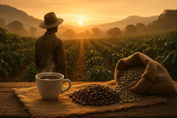 A steaming cup of coffee sits beside roasted and green beans on a burlap cloth, with a farmer standing in a lush coffee plantation at sunrise, bathed in warm golden light.