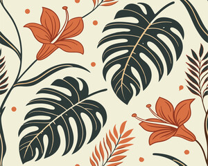 Fototapeta premium Seamless Botanical Pattern with Monstera Leaves and Orange Tropical Flowers
