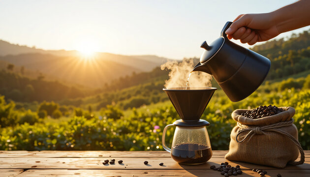 A hand pours hot water from a black kettle into a dripper at sunrise. Coffee beans spill from a burlap sack on a rustic table, with a scenic plantation glowing in morning light.