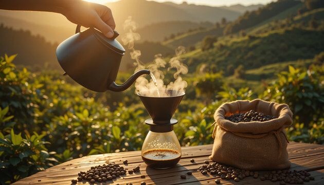 A hand pours hot water from a black kettle into a dripper at sunrise. Coffee beans spill from a burlap sack on a rustic table, with a scenic plantation glowing in morning light.